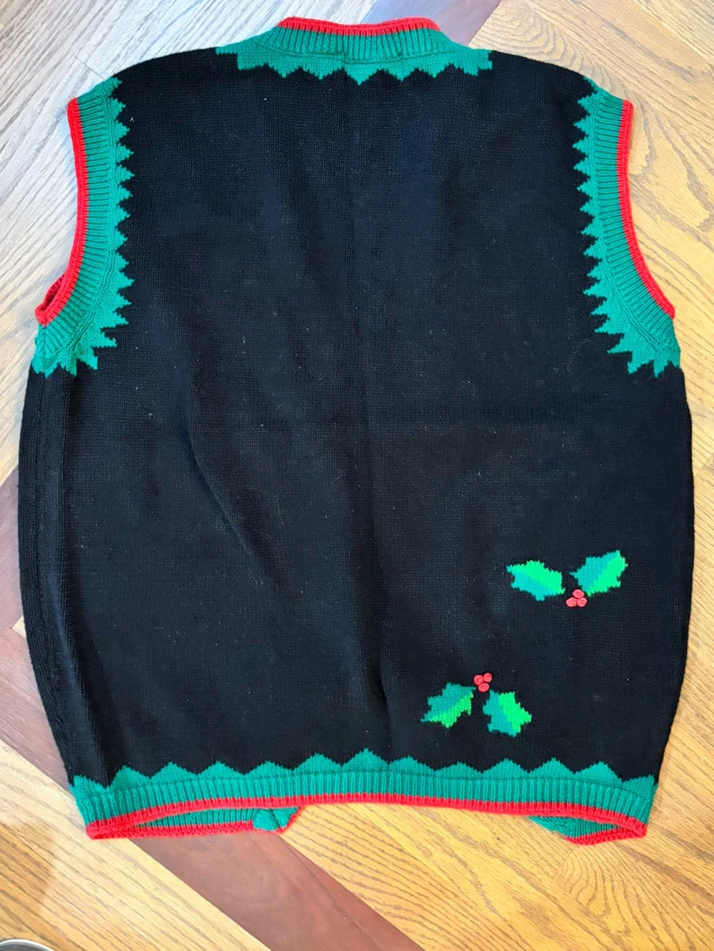 Vintage Bechamel Christmas Holly Sweater Vest Size 1X Black Red Green